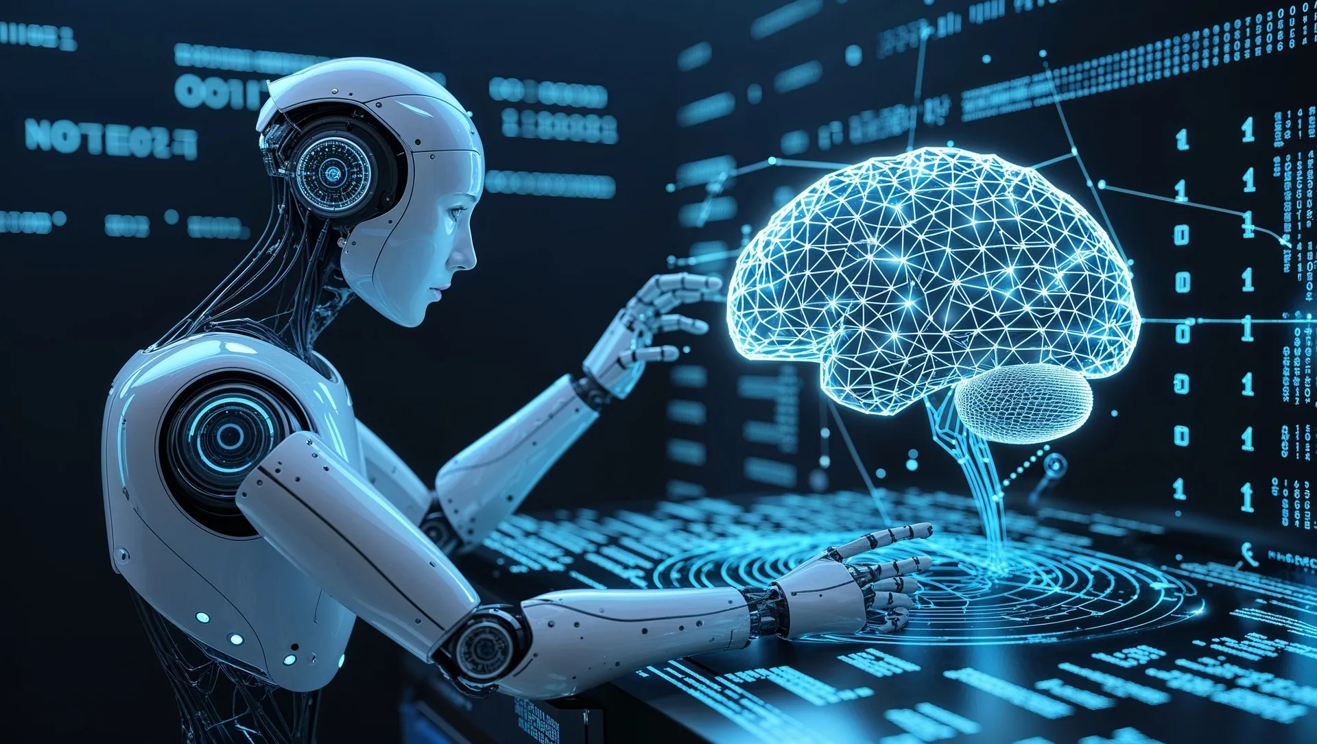Robô sentado analisando cérebro humano digital