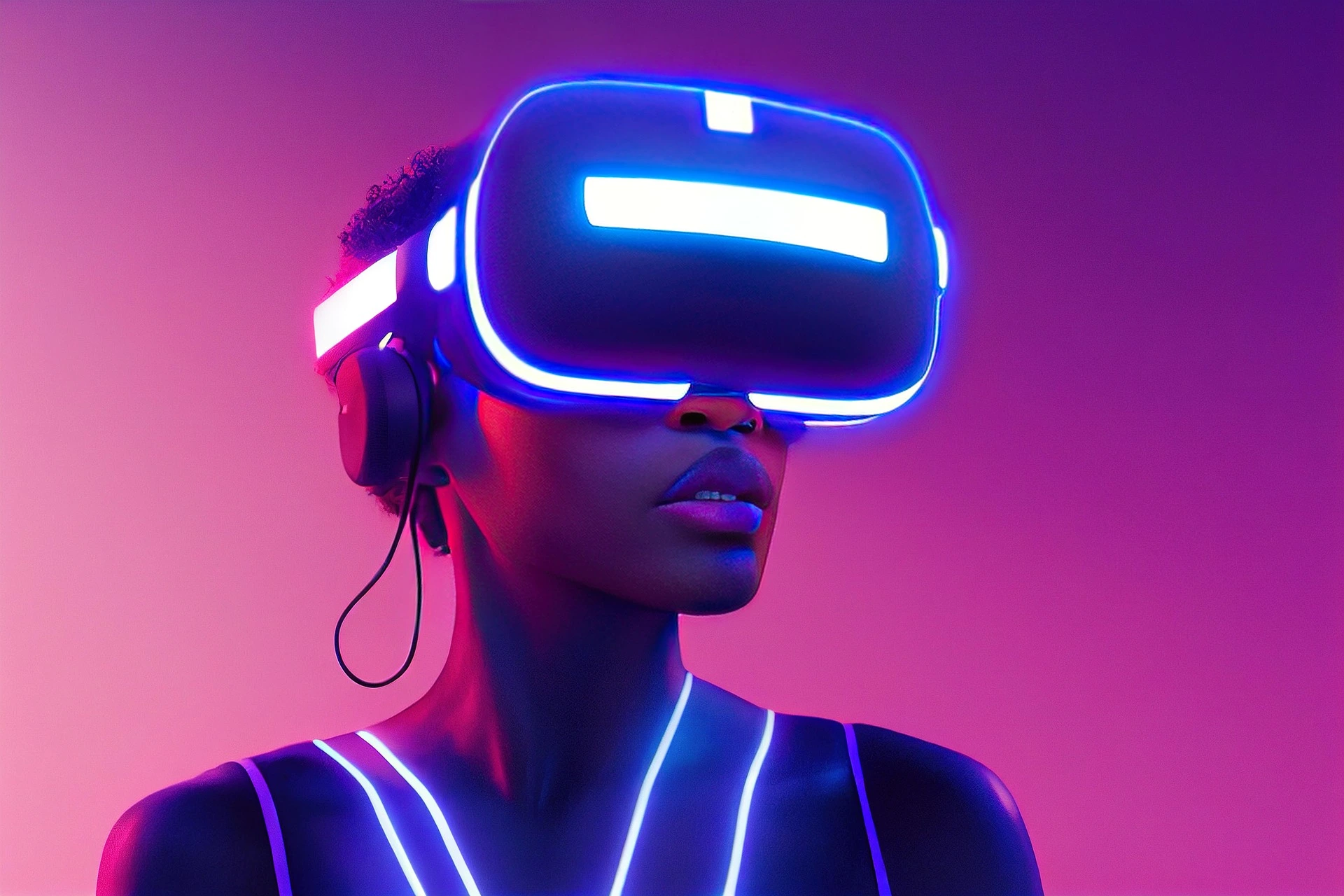 Pessoa com neon pelo corpo usando óculos de realidade virtual